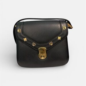 MCM Black Leather Shoulder Bag with Gold Details